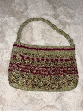 Handcrafted wood bag Olive Green and Burgundy Knit Shoulder Bag